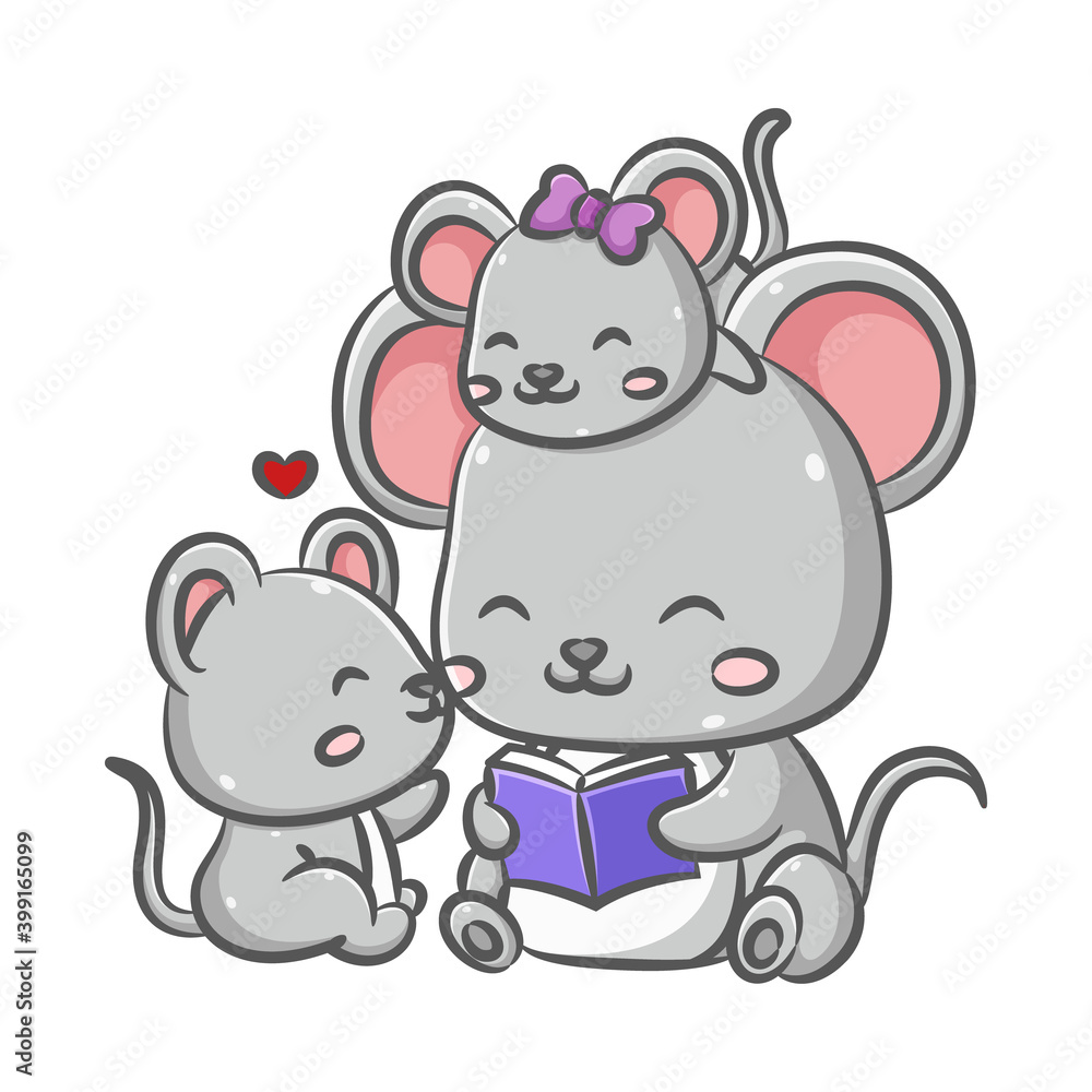 The cute family mice is sitting and reading the story book together with love heart The cute family mice is sitting and reading the story book together with love heart