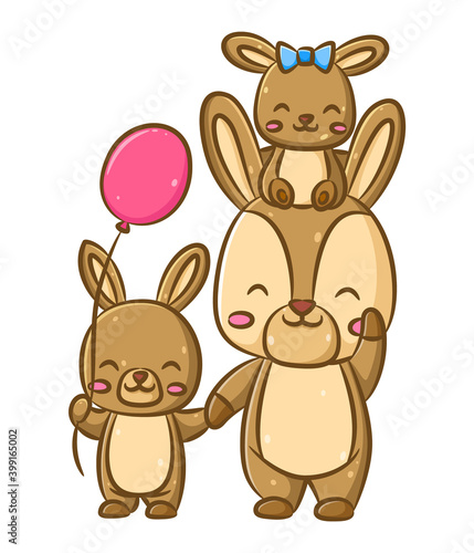 The cutes family rabbits with the mother and her children are playing together with the balloons