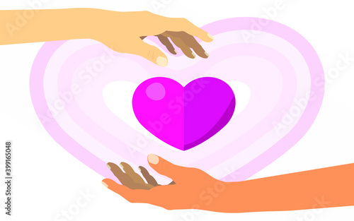 Heart in hand given to each other, Concept about love, care, donation, human kindness.. Vector Illustration with Color Gradient