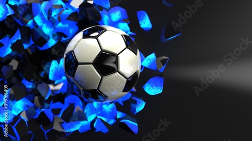 Soccer ball breaking with great force through blue illuminated wall under spot light background. 3D high quality rendering. 3D illustration.