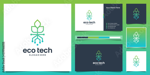 Minimalist tree tech logo design template. creative idea logo leaf and data dot with business card.