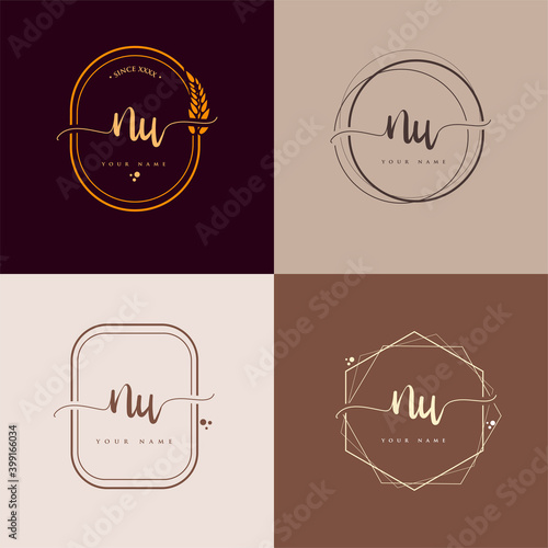 NU Initial handwriting logo vector sets. Hand lettering Initials logo branding, Feminine and luxury logo design.