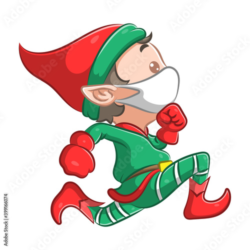 The little elf boy with the red Christmas hat is running