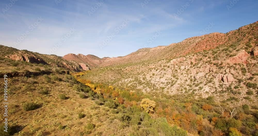 Fast aerial pullback away from the colorful foliage lining the river in the high desert, Northern Arizona Fast aerial pullback away from the colorful foliage lining the river in the high desert, Northern Arizona