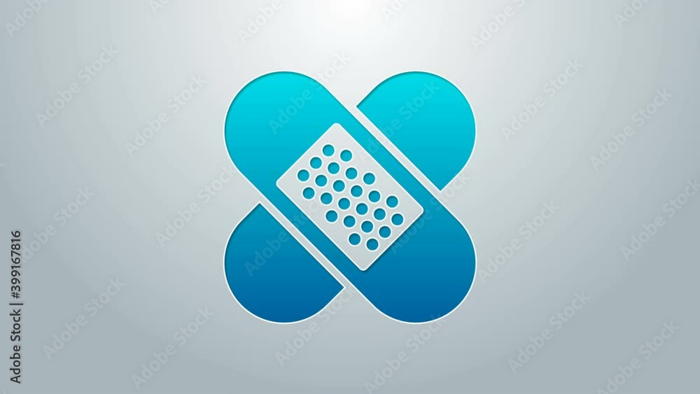Blue line Crossed bandage plaster icon isolated on grey background. Medical plaster, adhesive bandage, flexible fabric bandage. 4K Video motion graphic animation