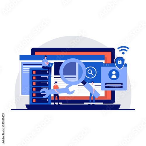Cyber security service concept with tiny character. Developer team access and protecting data confidentiality, developing computer protection by anti virus software application flat illustration