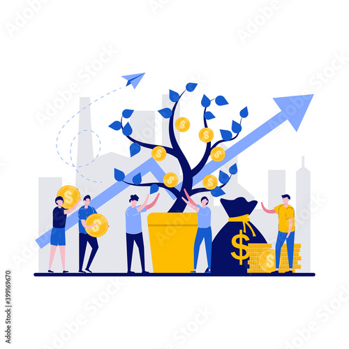 Money tree concept with tiny character. Business people work with gold coins grow in pot flat vector illustration. Investment and bank savings growth, idea of passive income profit metaphor