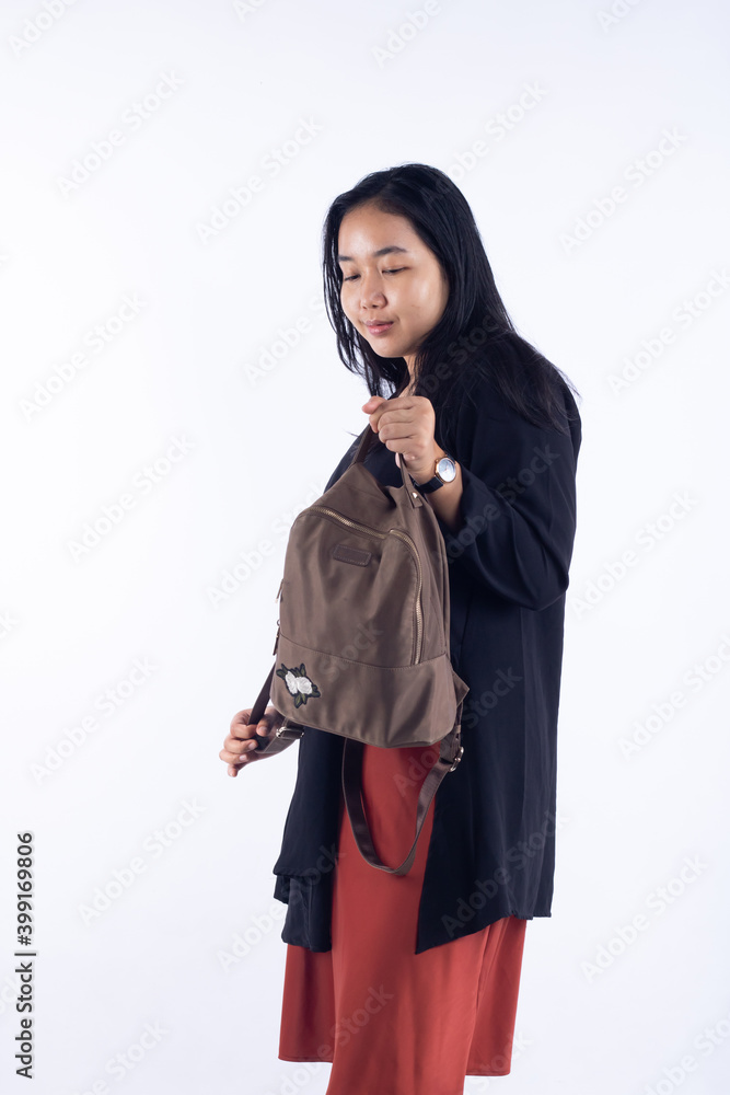 Girl college student carrying backpack. isolated over white. Girl college student carrying backpack. isolated over white.