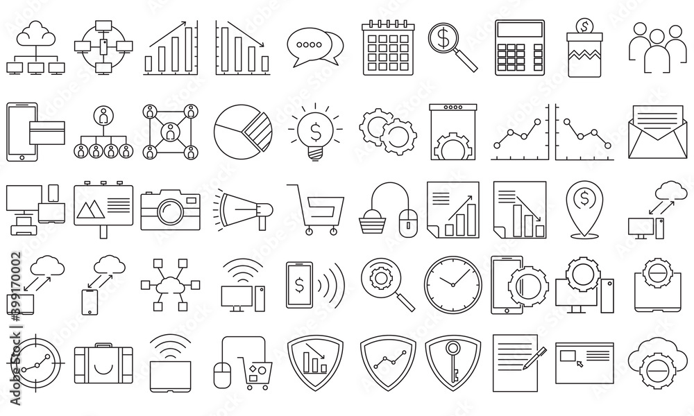 Simple Set of SEO and Marketing Related Vector black outline Icons. Contains such as Mail Marketing, people, cloud connections, Target Audience, Product Presentation and more.