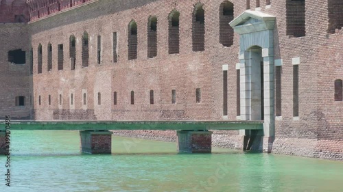 The entrance with the walkway bridge going over the mote area of Fort Jefferson, part of Dry Tortugas National Park in the Florida Keys,  70 miles off the western coast of Key West.