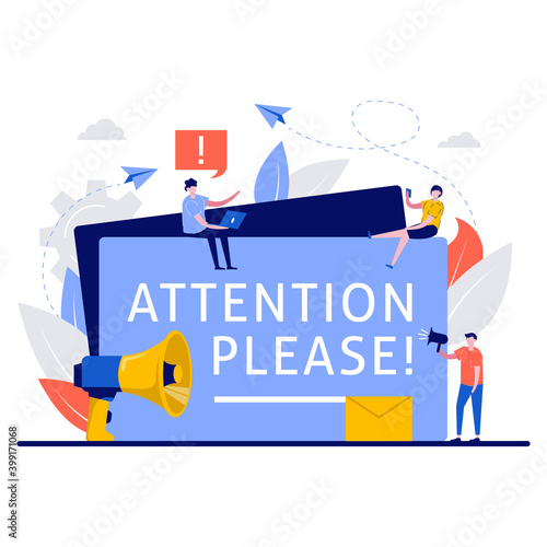 Attention please concept with tiny character. People holding and speaking through megaphone flat vector illustration. Exclamation point, announcement, important information metaphor