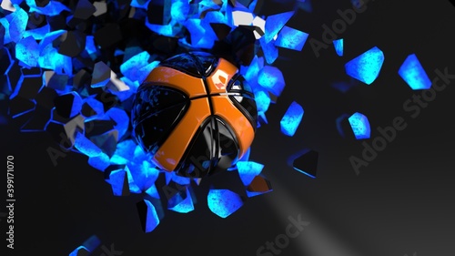 Black-Orange Basketball crash blue lighting wall and the wall was cracked. 3D illustration. 3D CG. 3D high quality rendering.