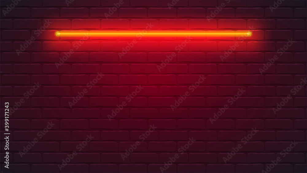 Brick wall is lit by neon lamp. Neon light on brick wall. Vector template, 3d illustration. Brick wall is lit by neon lamp. Neon light on brick wall. Vector template, 3d illustration.