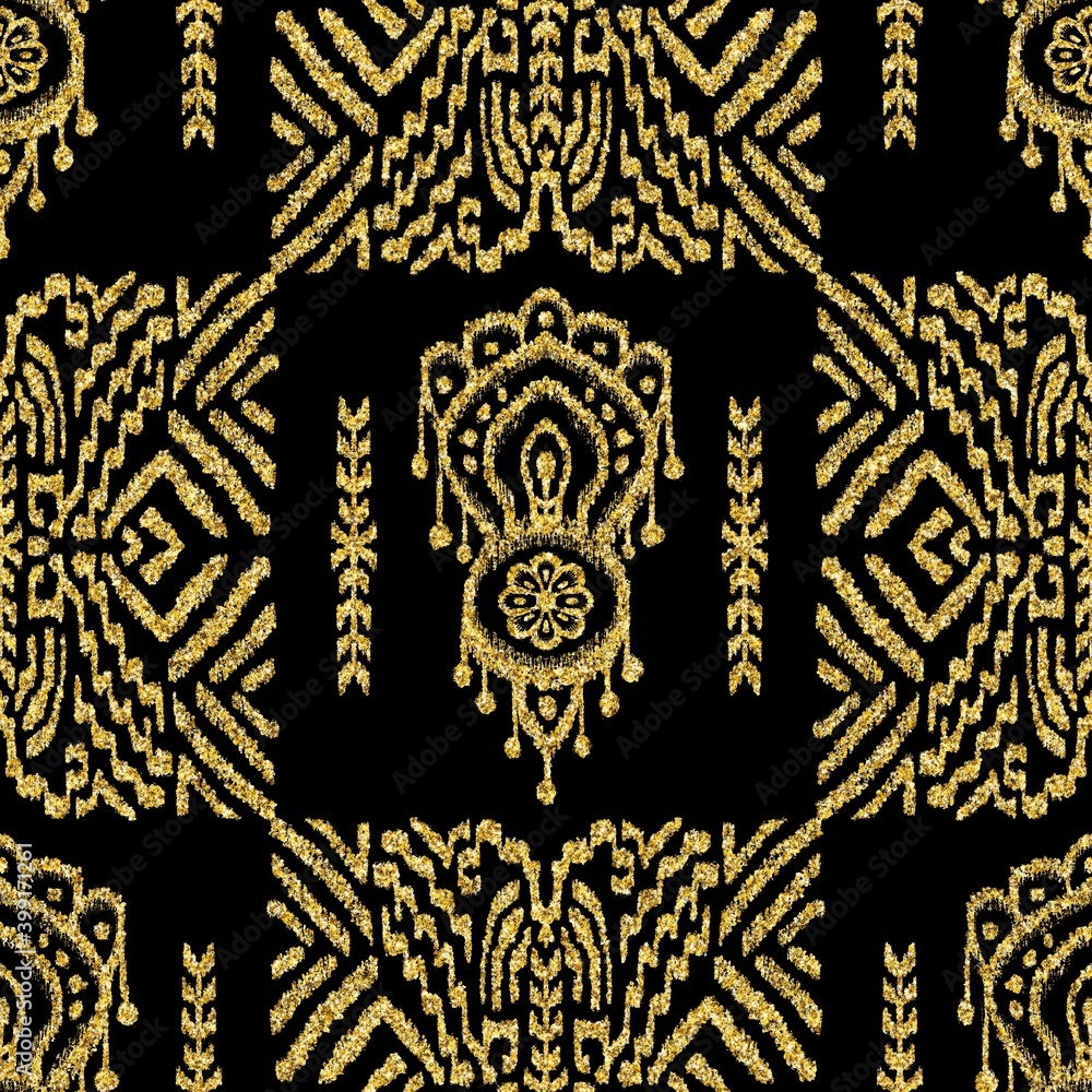 Seamless gold glitter on black tribal ethnic rug motif pattern. High quality illustration. Boho nomad textile print. Abstract gypsy design. Seamless repeat raster jpg pattern swatch. Seamless gold glitter on black tribal ethnic rug motif pattern. High quality illustration. Boho nomad textile print. Abstract gypsy design. Seamless repeat raster jpg pattern swatch.