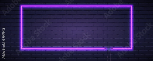 Brick wall lit by neon lamp of violet color. Neon lamp in the shape of rectangle. Vector template, 3d illustration.