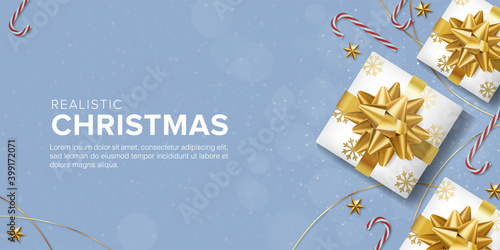 Realistic Merry Christmas background for Greeting cards. Flat lay giftbox and candy premium vector design