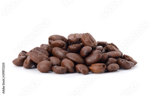 Roasted coffee beans studio shot isolated on white background  Healthy products by organic natural ingredients concept