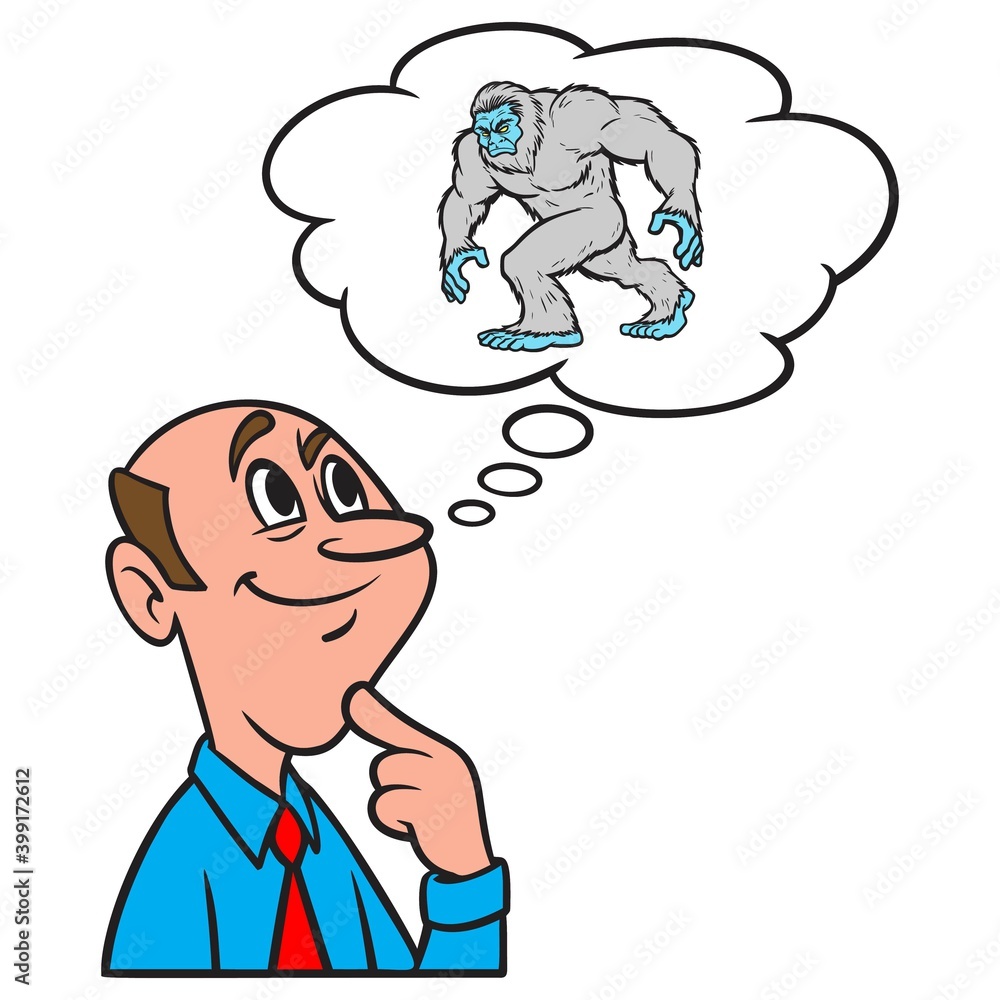 Thinking about a Yeti - A cartoon illustration of a man thinking about a Yeti. Thinking about a Yeti - A cartoon illustration of a man thinking about a Yeti.
