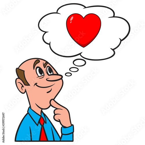 Thinking about Love - A cartoon illustration of a man thinking about finding Love.