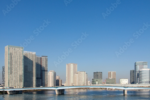 High rise buildings in the waterfront areas along Tokyo Bay