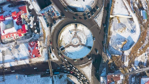 Circular traffic on the road in vladivostok filmed on a drone