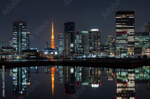 Night view of Tokyo reflected on the surface of the water