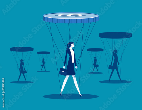 Businesswoman is controlled by money. Slave of money. Vector illustration business concept