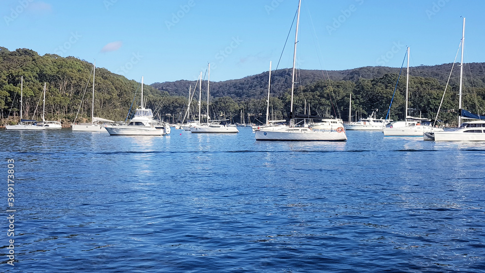 Obraz premium Yachts on the Pittwater, near Scotland Island, Sydney, New South Wales, Australia
