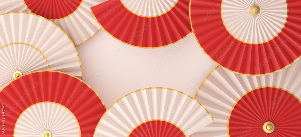 Happy Chinese new year or mid autumn decoration background with paper hand fan umbrella, wide composition, 3D rendering illustration