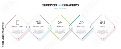Concept of shopping process with 5 successive steps. Five colorful graphic elements. Timeline design for brochure, presentation, web site. Infographic design layout.