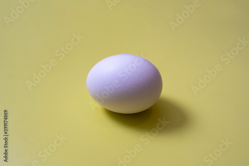 one chicken egg lies on a yellow background