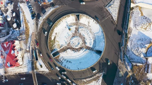 Circular traffic on the road in vladivostok filmed on a drone