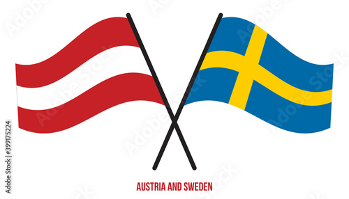 Austria and Sweden Flags Crossed And Waving Flat Style. Official Proportion. Correct Colors.