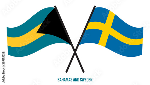 Bahamas and Sweden Flags Crossed And Waving Flat Style. Official Proportion. Correct Colors.