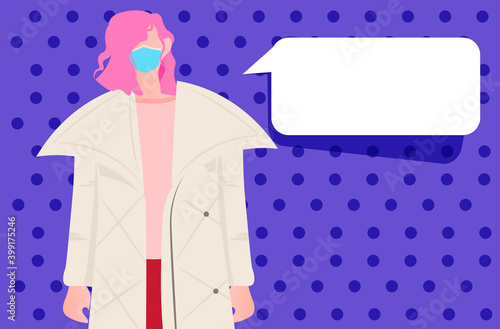 woman in winter clothes wearing mask to prevent coronavirus pandemic chat bubble communication concept portrait horizontal vector illustration