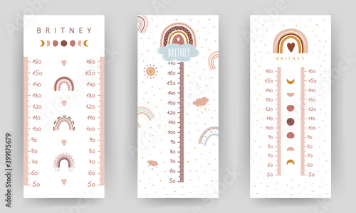 Set of kids height charts. Meter wall with cute boho rainbow. Vector illustration in doodle cartoon style. Childish growth chart. Poster template for nursery design.