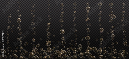 Gold fizzy bubbles. Sparkles champagne. Fizzy pop and effervescent drink. Abstract fresh soda and air bubbles, oxygen, champagne crystal. Vector illustration on black transparent background.