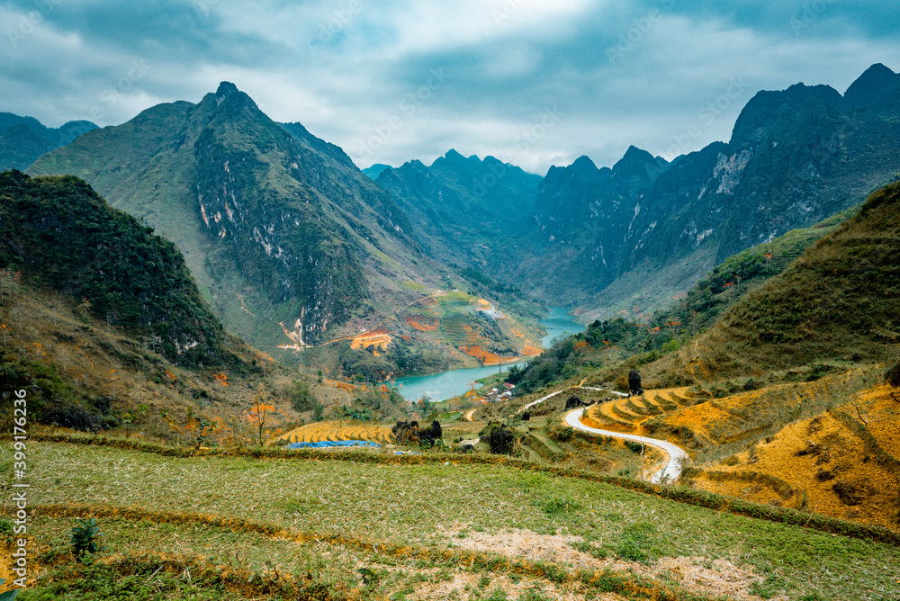 Amazing mountain and river landscape at Ha Giang province. Ha Giang is a northernmost province in Vietnam