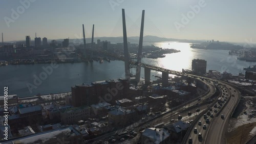 Winter Golden Bridge in Vladivostok filmed from drone. 