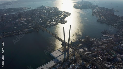 Winter Golden Bridge in Vladivostok filmed from drone. 