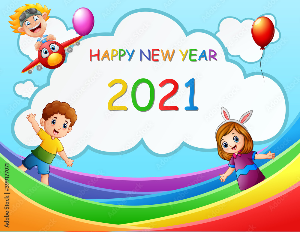2021 New Year design card with kids on blue background 2021 New Year design card with kids on blue background