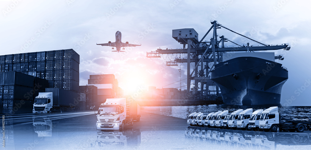 Container truck in ship port for business Logistics and transportation of Container Cargo ship and Cargo plane with working crane bridge in shipyard, logistic import export and transport industry 