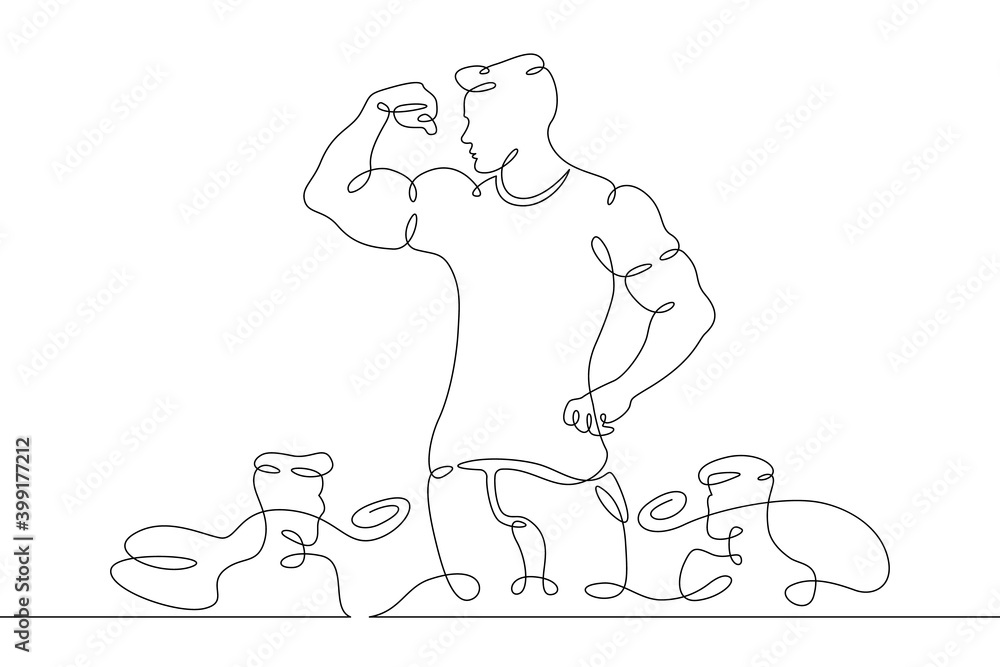 Athlete bodybuilder demonstrates his muscles in public. Weightlifting ...