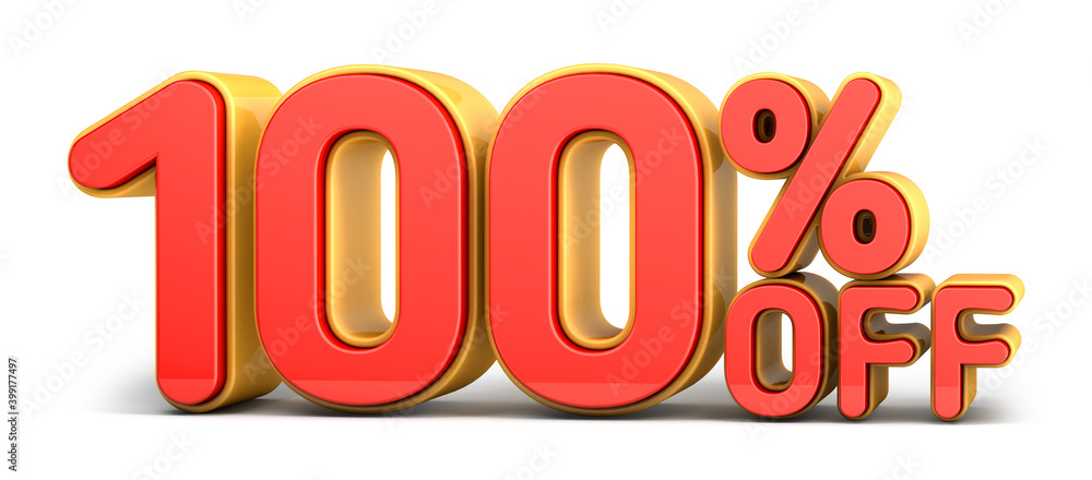 Red and yellow text, 100% off isolated on white background. Off 100 percent. Sales concept. 3d illustration. Red and yellow text, 100% off isolated on white background. Off 100 percent. Sales concept. 3d illustration.