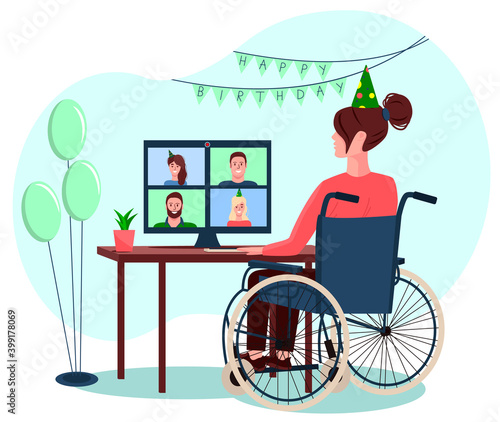 A girl in a wheelchair accepts congratulations from friends via video conferencing. Disabled girl