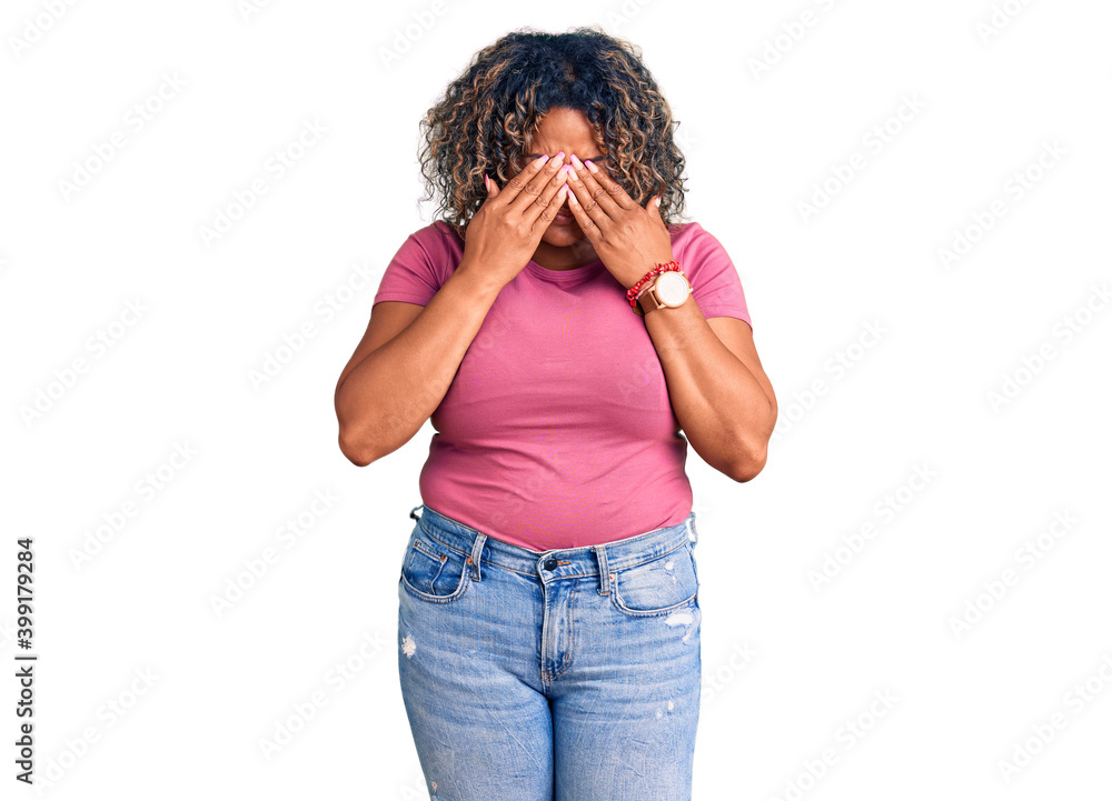 Young african american plus size woman wearing casual clothes rubbing eyes for fatigue and headache, sleepy and tired expression. vision problem Young african american plus size woman wearing casual clothes rubbing eyes for fatigue and headache, sleepy and tired expression. vision problem