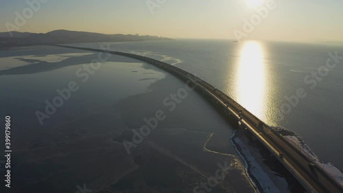 Winter views of The Amur Bay Bridge, filmed on a drone