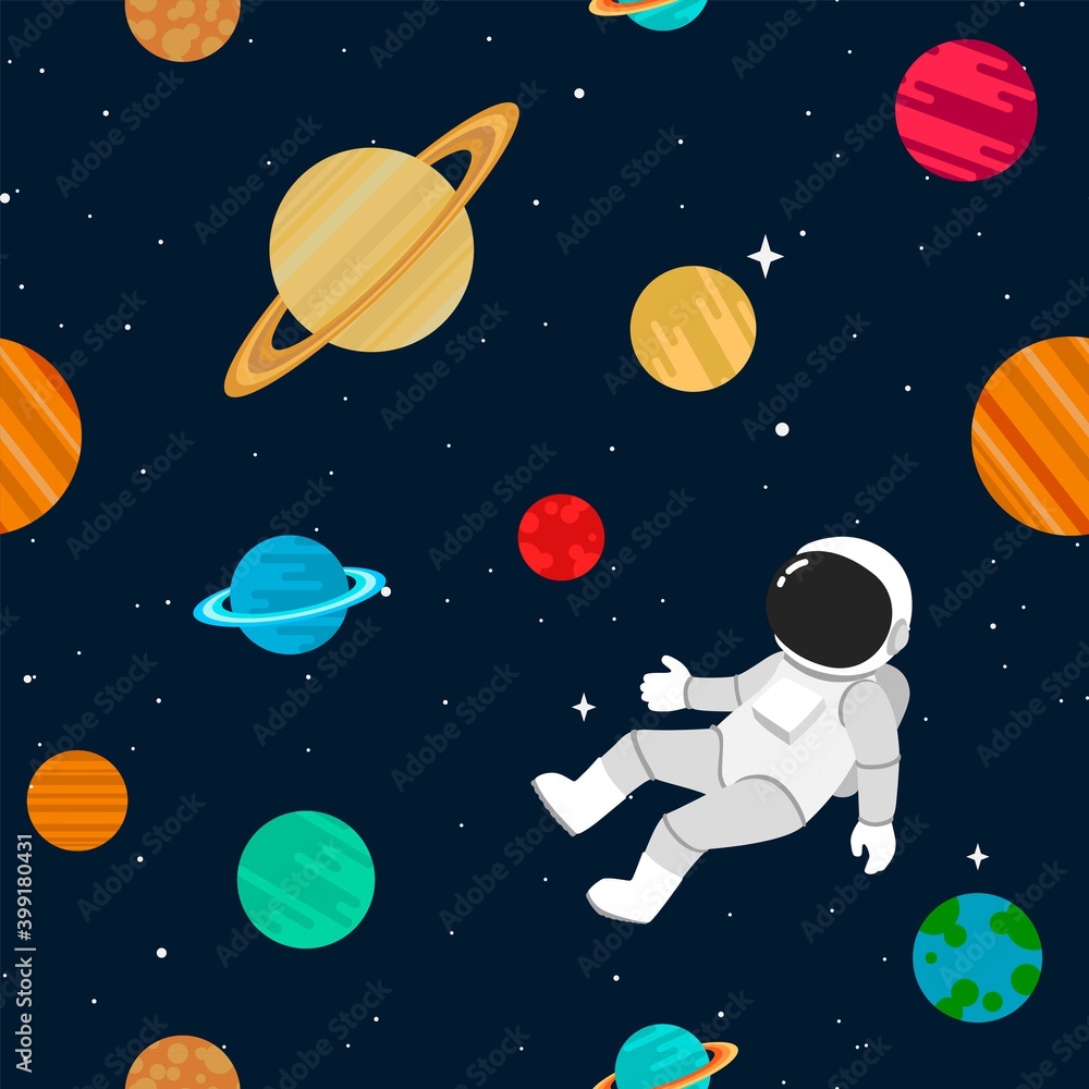 Naklejka premium Seamless pattern with outer space, planets and astronaut