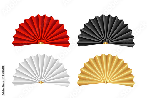 Asian fan collection. Red, gold, white and black paper fans. Festival and holiday decoration.