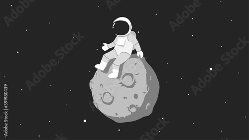 Cartoon astronaut sitting on gray planet or moon